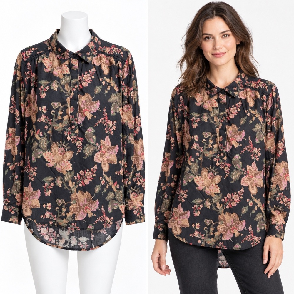 Sundance Floral Blouse Womens Small Black Pink Boho Cotton Lace Crochet Popover